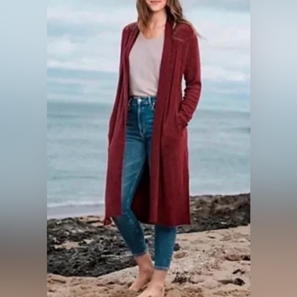 Barefoot Dreams CozyChic Lite Catalina Long Cardigan Sweater, Size Large, Garnet - Picture 2 of 10